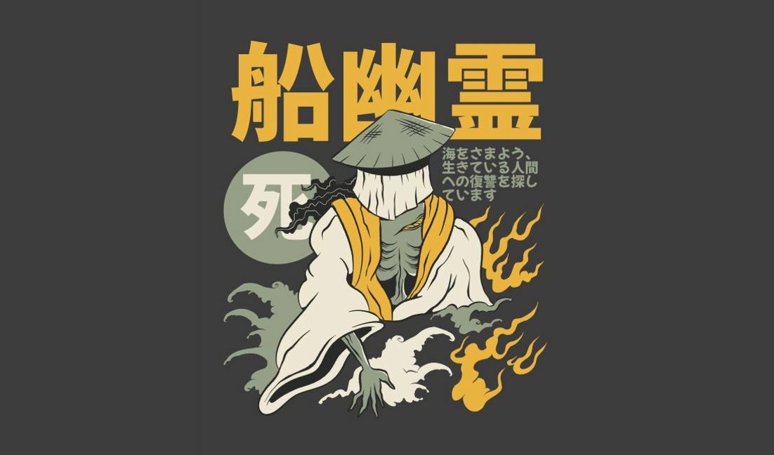Plantilla de diseño para camiseta Ilustración de fantasma japonés con tipografía atrevida