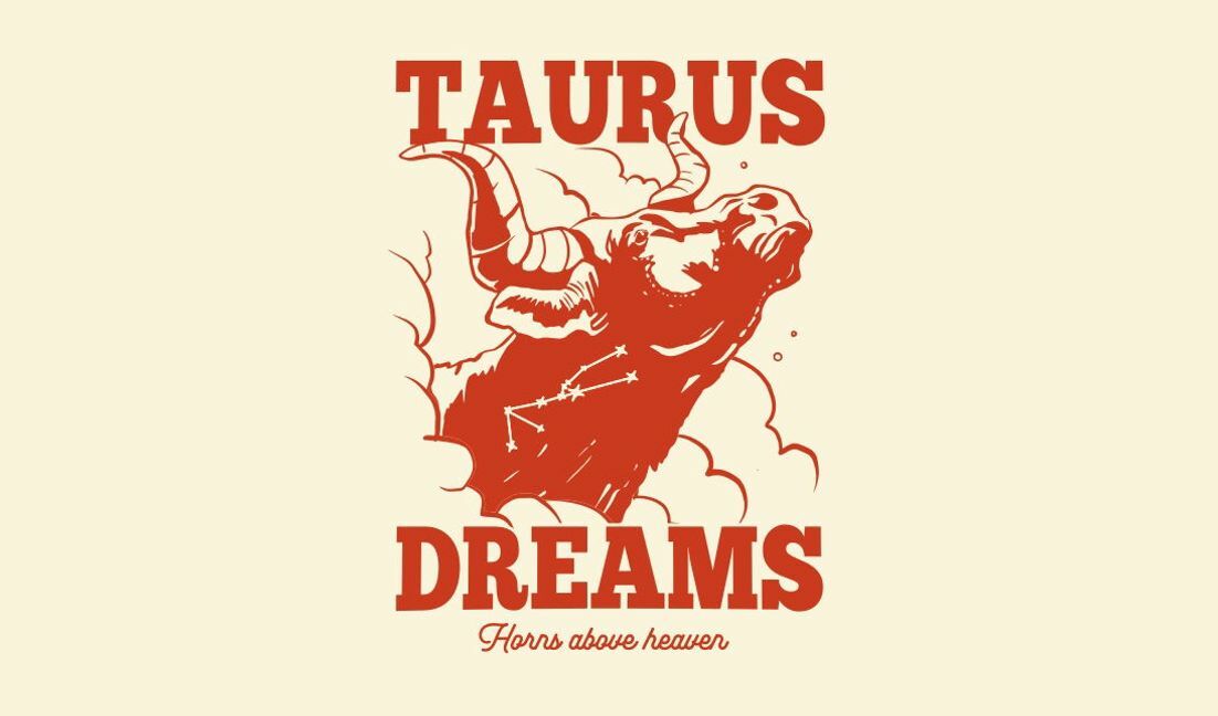 Modelo de design para camiseta Ilustração de touro sonhando com elementos celestes