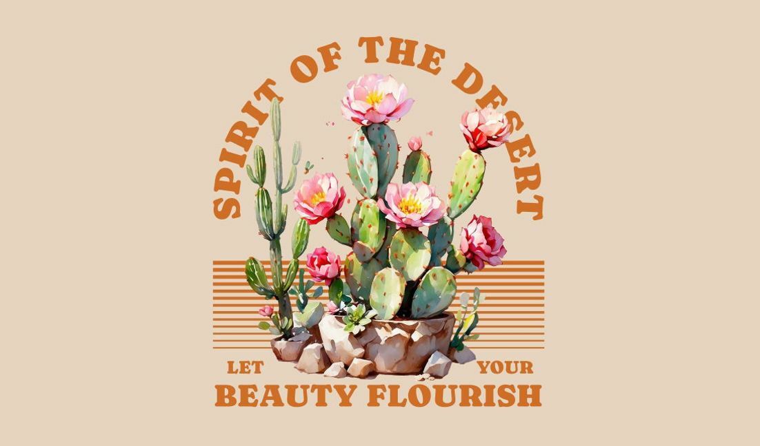 Plantilla de diseño para camiseta Obra de arte floral de cactus del desierto con cita inspiradora