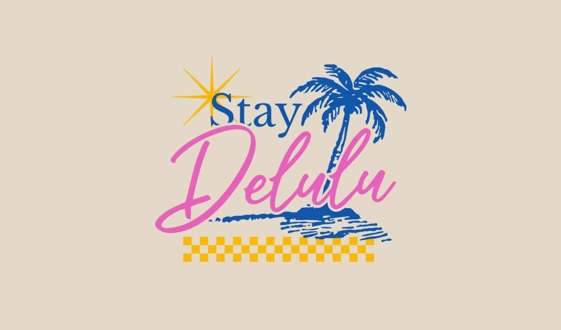 Modelo de design para camiseta Design lúdico de palmeira com citação "stay delulu"