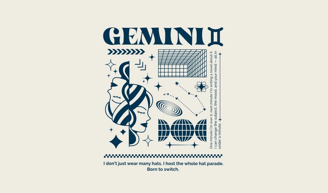 Modelo de design para camiseta Ilustração do zodíaco de Gêmeos com elementos de design exclusivos