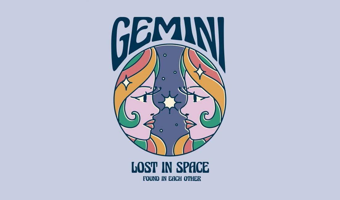 Astrological gemini design with dual faces and celestial theme t-shirt design template