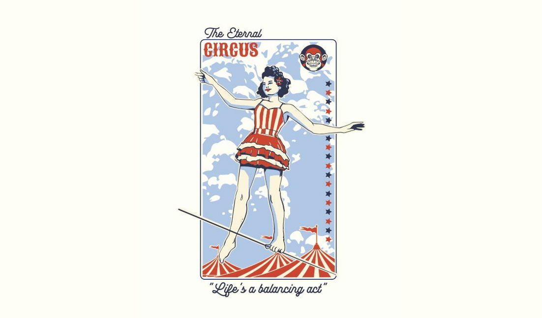 Plantilla de diseño para camiseta Ilustración vintage de un artista de circo