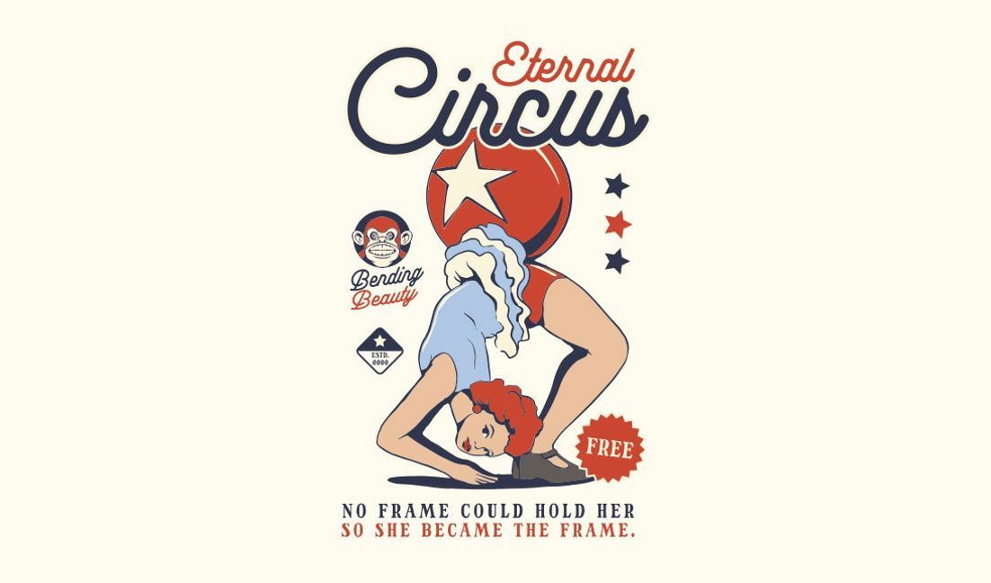 Modelo de design para camiseta Arte circense vintage com design de beleza flexível