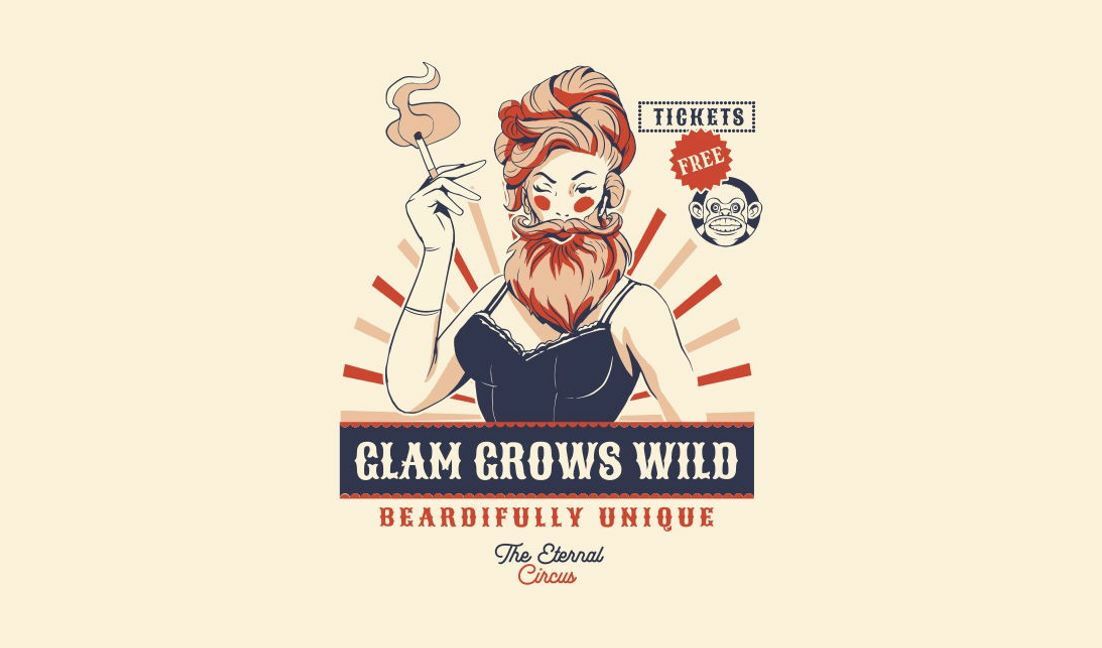 Modelo de design para camiseta Design de pôster de circo em estilo vintage com uma mulher barbada e glamorosa