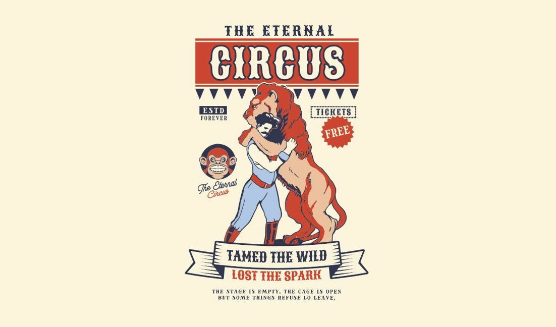 Plantilla de diseño para camiseta Cartel de circo vintage con león y artista.