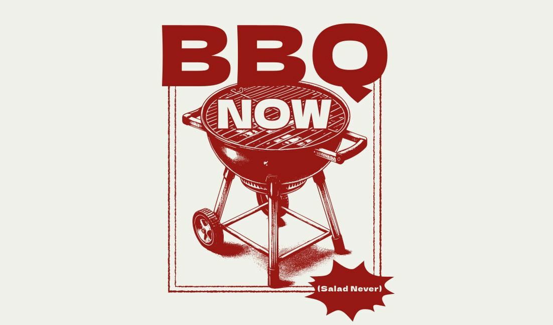 Playful bbq now design with grill illustration t-shirt design template