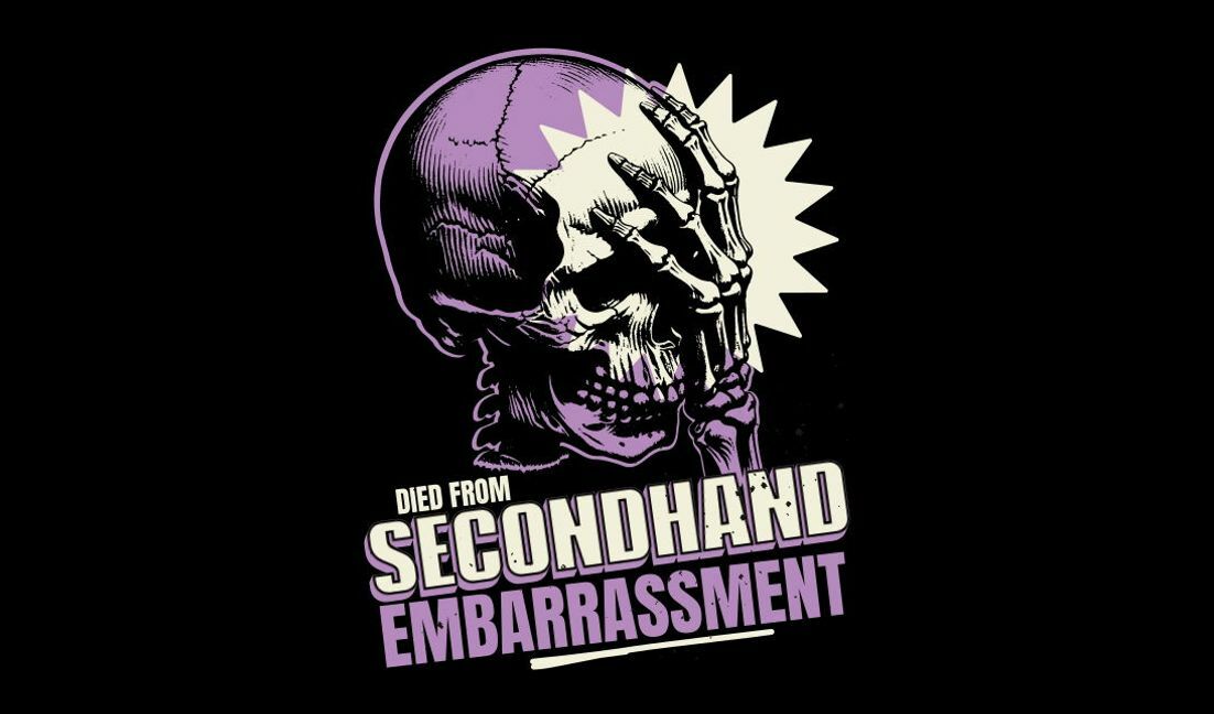 Modelo de design para camiseta Design de esqueleto humorístico com citação de constrangimento de segunda mão