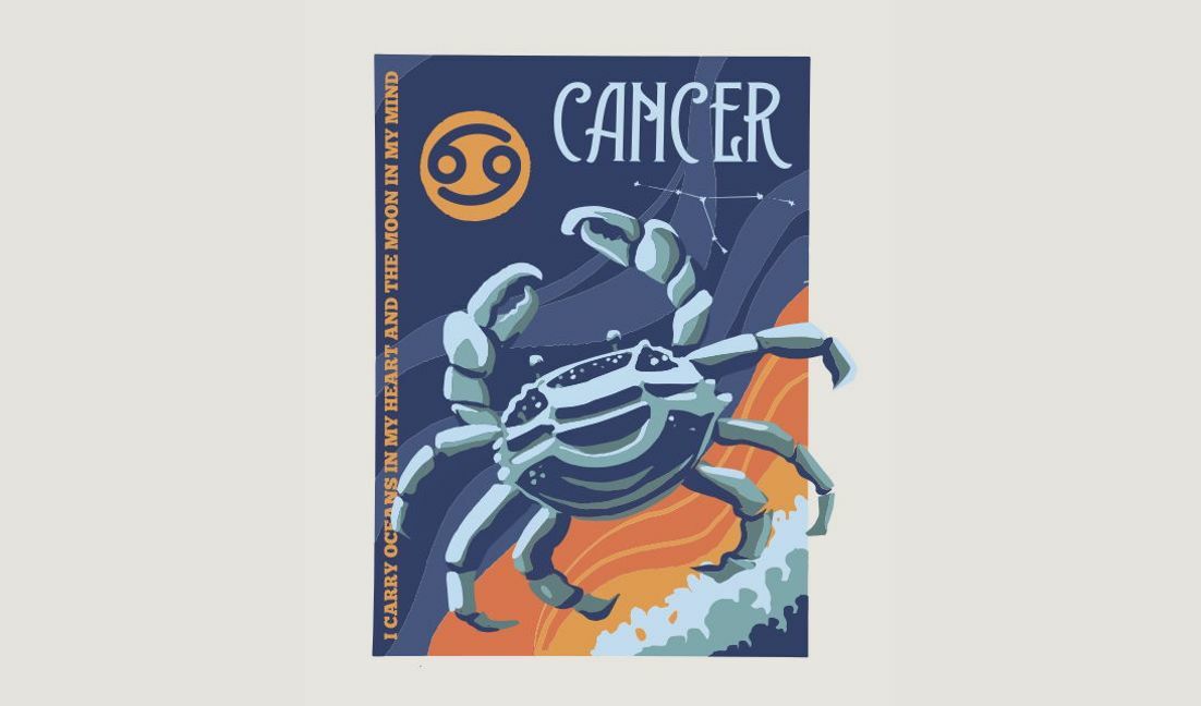 Plantilla de diseño para camiseta Lámina artística del zodíaco Cáncer con un cangrejo y una cita inspiradora.
