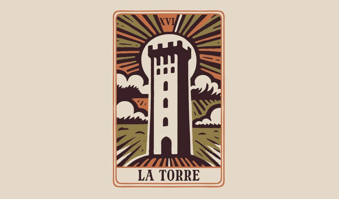 Plantilla de diseño para camiseta Ilustración de una torre estilizada con rayos de sol y nubes