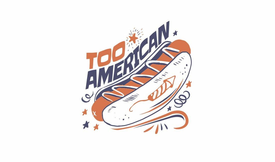 Playful hot dog graphic with too american slogan t-shirt design template