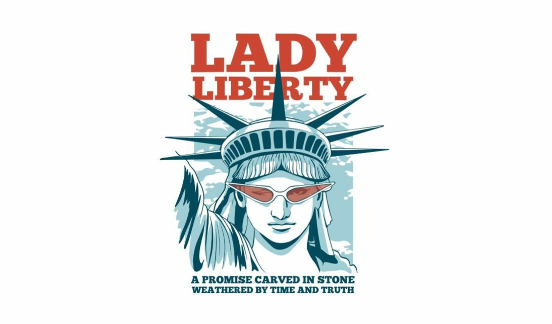 Modelo de design para camiseta Design gráfico ousado da Lady Liberty com citação inspiradora
