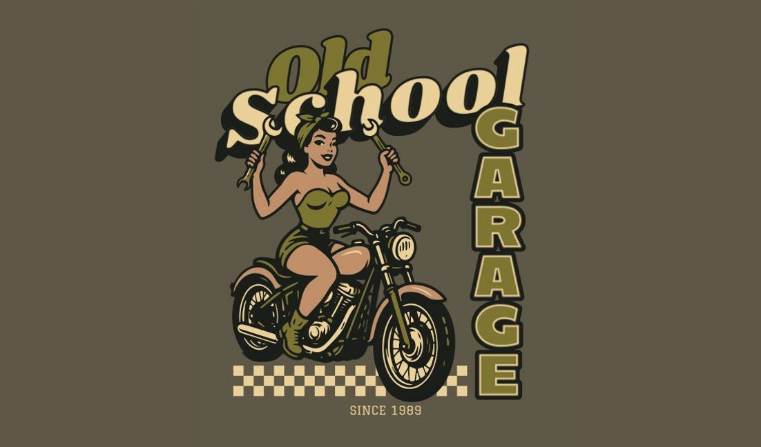 Vintage motorcycle garage design with pin-up girl t-shirt design template
