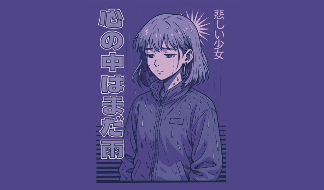 Melancholische Anime-Mädchenillustration mit japanischem Text T-Shirt-Designvorlage