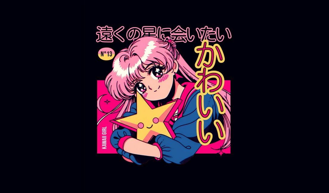 Plantilla de diseño para camiseta Diseño gráfico de chica kawaii con estrella y texto en japonés.