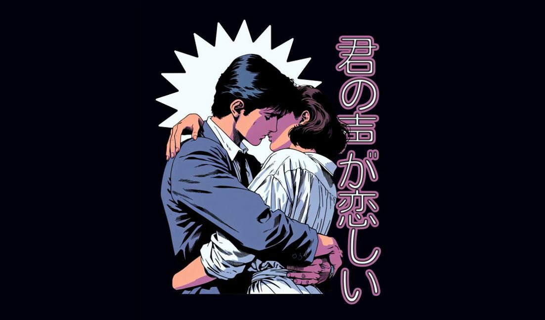 Modelo de design para camiseta Ilustração romântica de casal inspirada nos anos 80 com texto em japonês