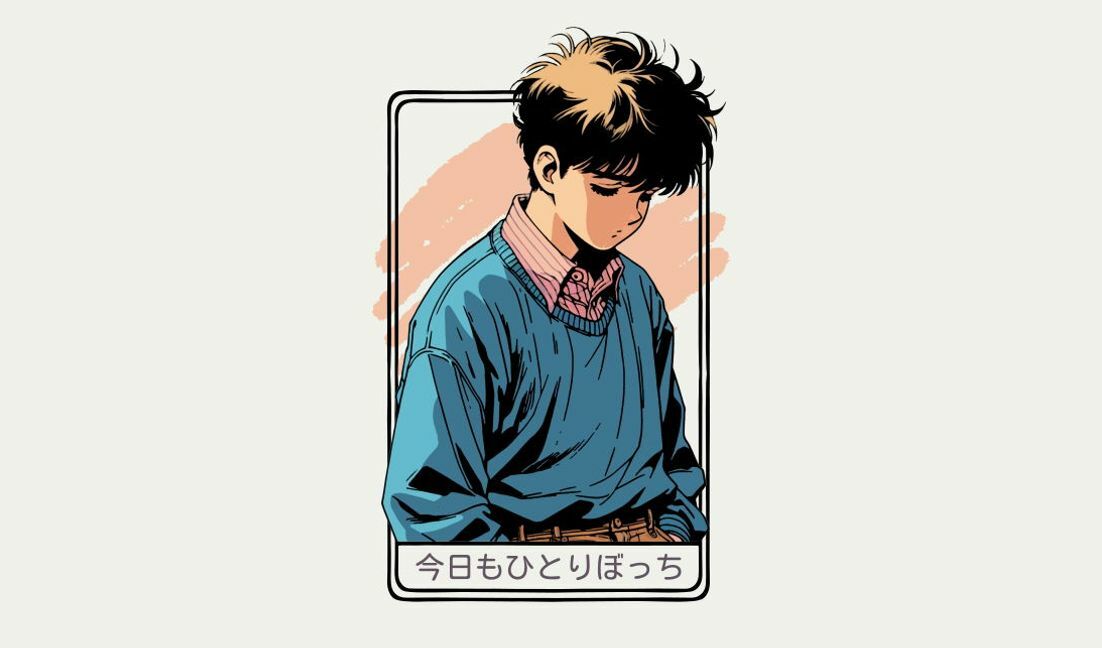 Modelo de design para camiseta Ilustração de menino melancólico com texto em japonês