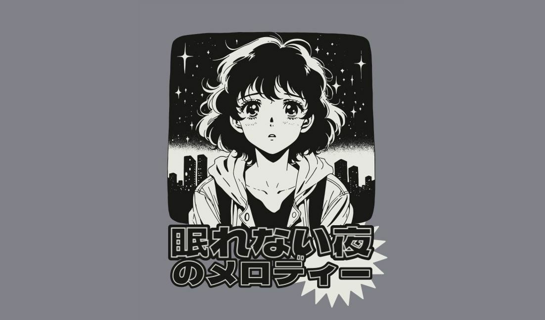 Plantilla de diseño para camiseta Ilustración de una chica de anime melancólica con cita japonesa