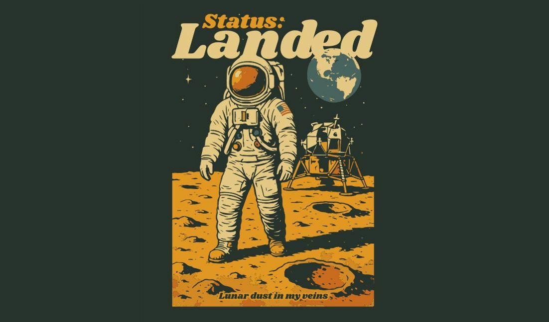 Plantilla de diseño para camiseta Diseño de astronauta con temática espacial y cita lunar.