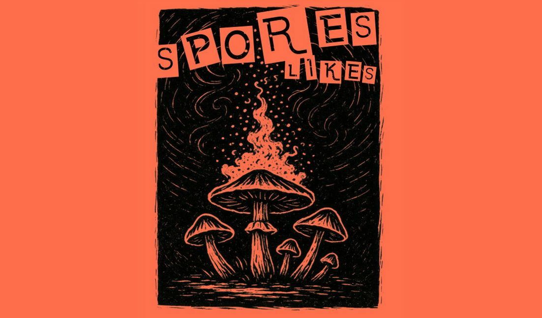 Plantilla de diseño para camiseta Ilustración única de esporas con tipografía divertida.