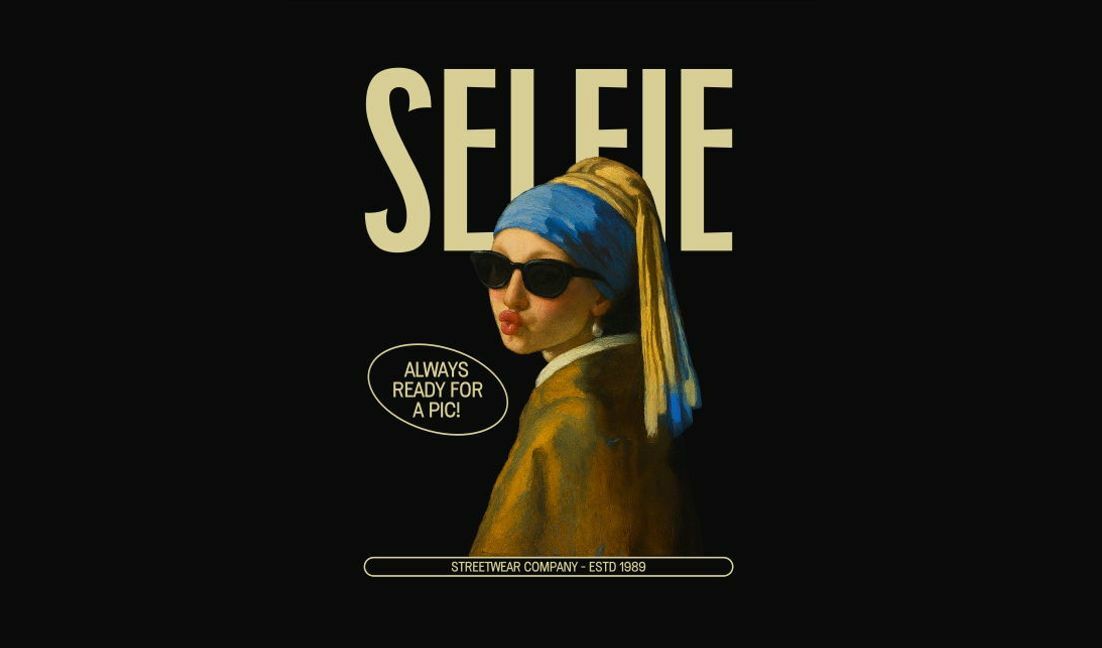 Plantilla de diseño para camiseta Diseño de selfies divertido con influencias clásicas