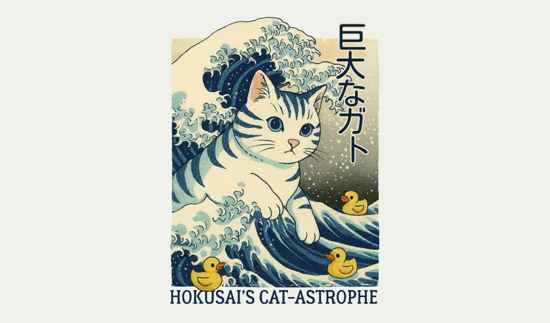 Plantilla de diseño para camiseta Ilustración caprichosa de una ola de gato