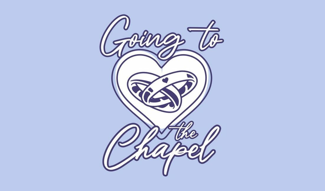 Plantilla de diseño para camiseta Encantador diseño de capilla de bodas con corazón y anillos.