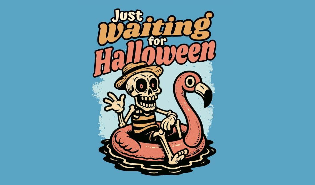 Modelo de design para camiseta Design de esqueleto lúdico esperando pelo Halloween