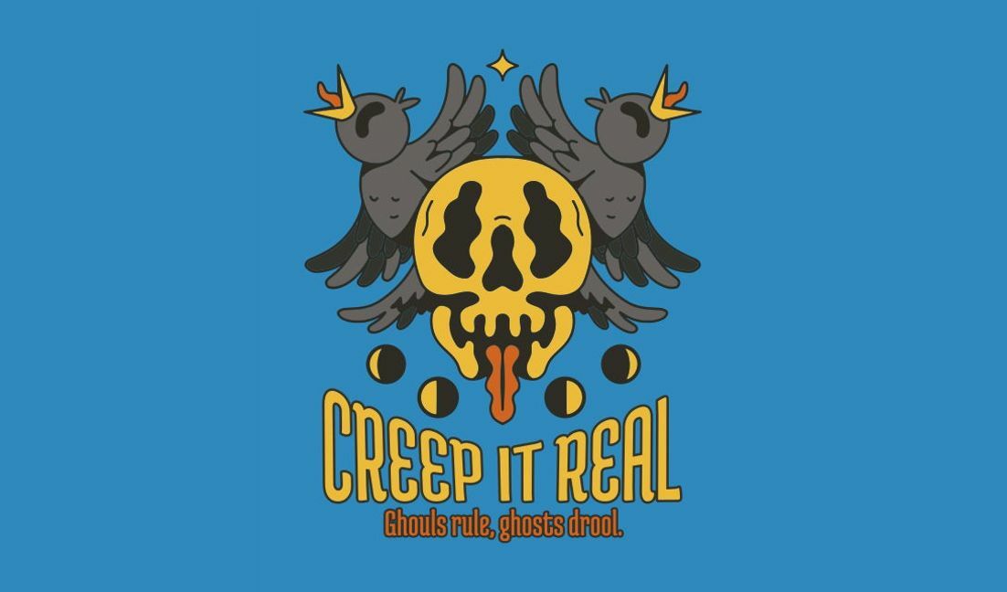 Verspieltes Halloween-Design mit Totenkopf und Vogel T-Shirt-Designvorlage