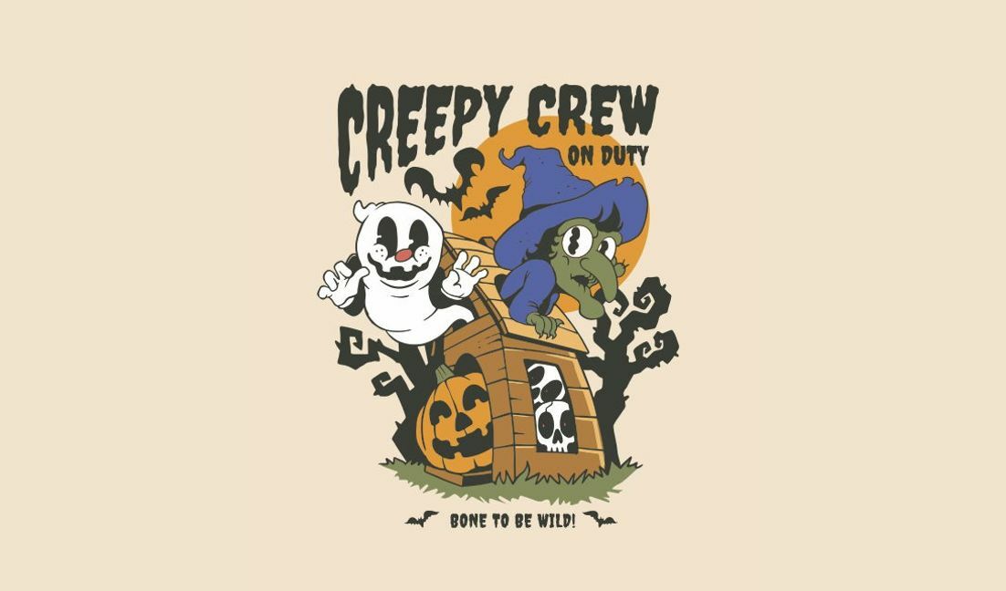 Verspieltes Halloween-Geister- und Hexen-Design T-Shirt-Designvorlage