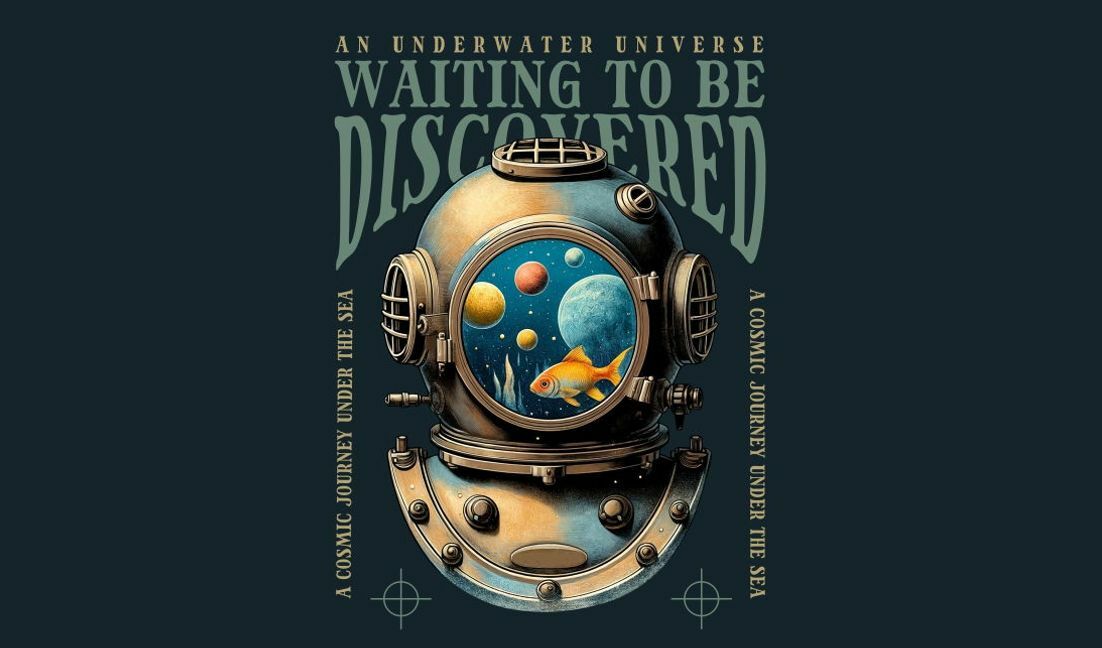 Modelo de design para camiseta Projeto de exploração cósmica do universo subaquático