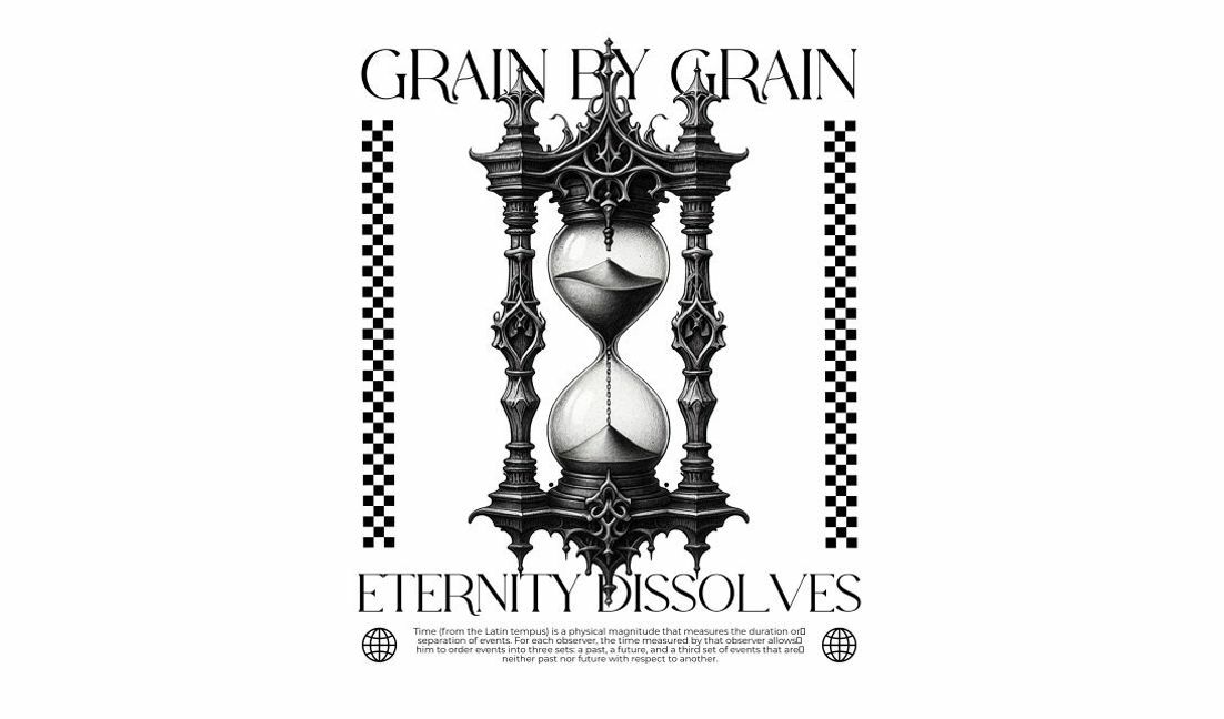 Plantilla de diseño para camiseta Ilustración intrincada de un reloj de arena con una cita filosófica.