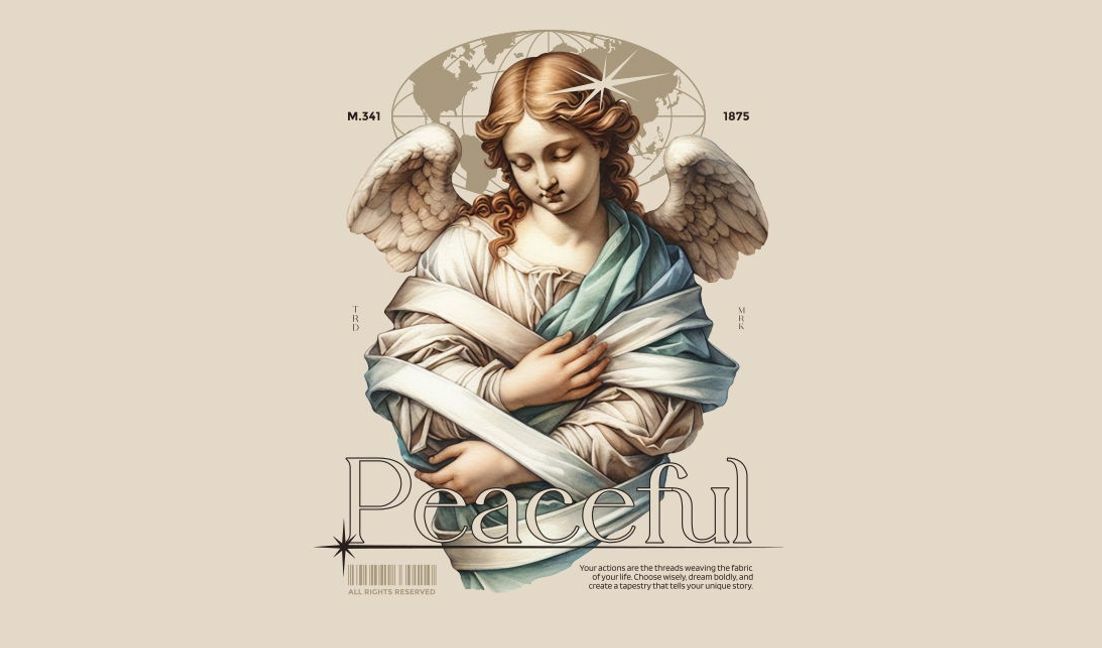 Modelo de design para camiseta Ilustração elegante de anjo com citação motivacional