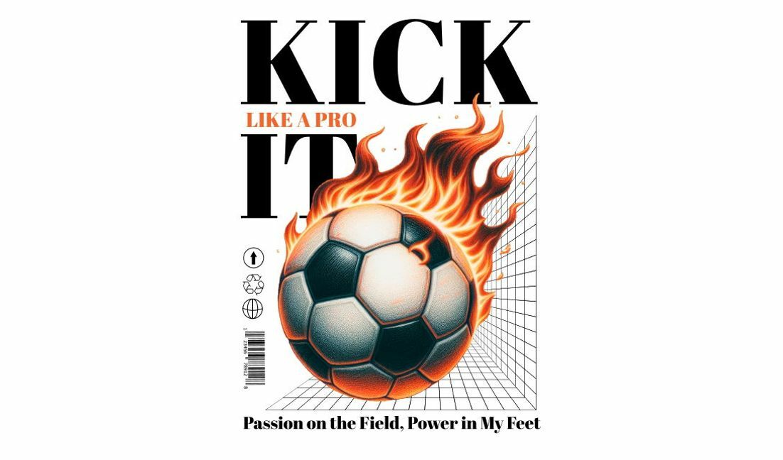 Modelo de design para camiseta Design dinâmico de capa de revista de futebol com uma bola em chamas