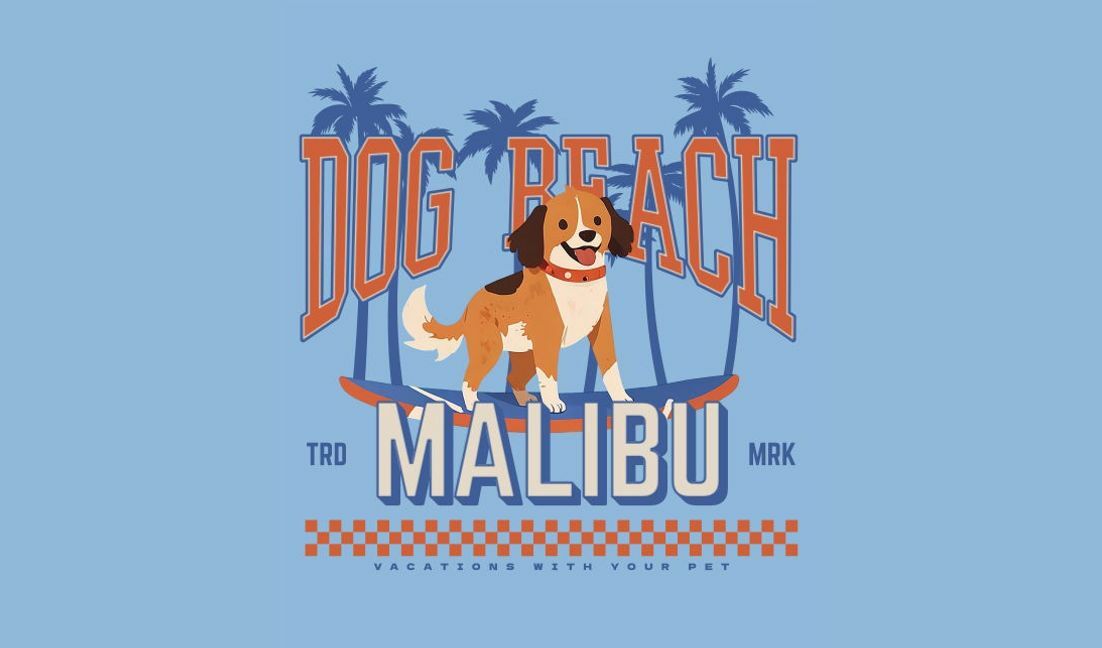 Modelo de design para camiseta Design lúdico de praia para cães com tema Malibu
