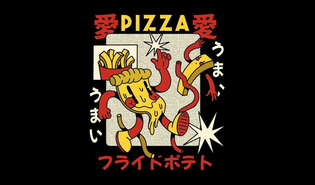 Verspieltes Pizza- und Pommes-Charakterdesign T-Shirt-Designvorlage