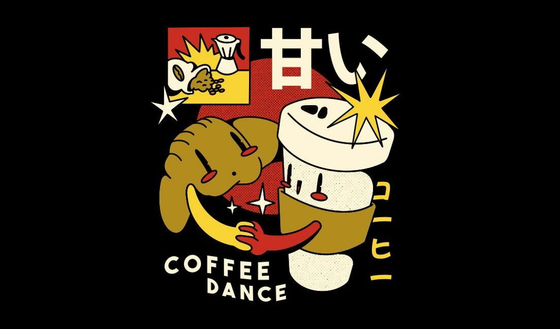 Verspielte Kaffeetanzillustration mit Croissant T-Shirt-Designvorlage
