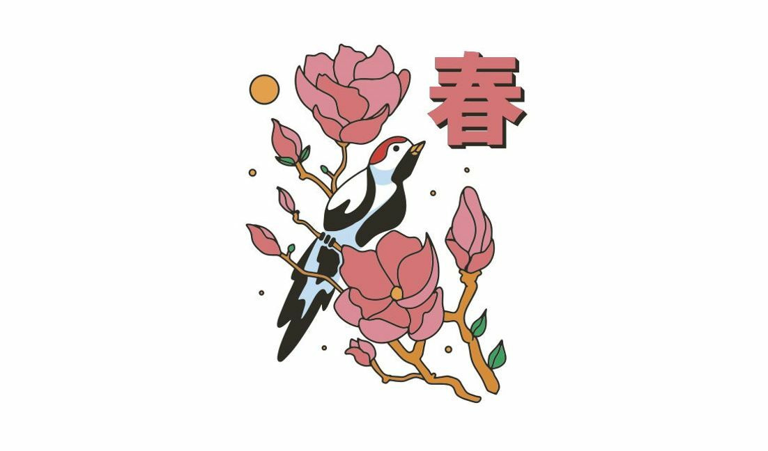 Modelo de design para camiseta Ilustração elegante de pássaros e flores representando a primavera