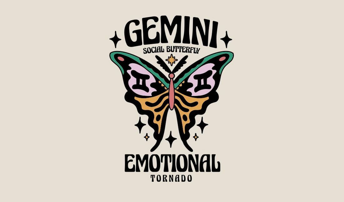 Plantilla de diseño para camiseta Diseño de mariposa Géminis con temática de tornado emocional.