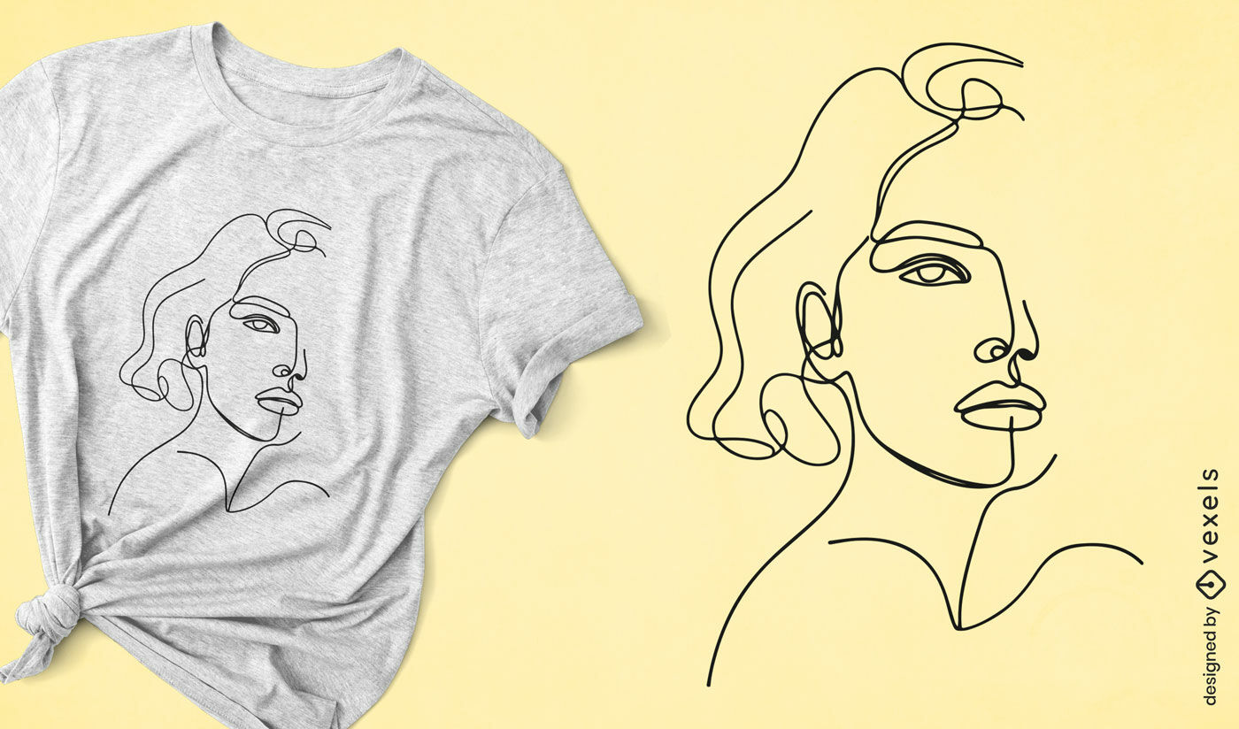 Design minimalista de camiseta com rosto feminino em linha contínua