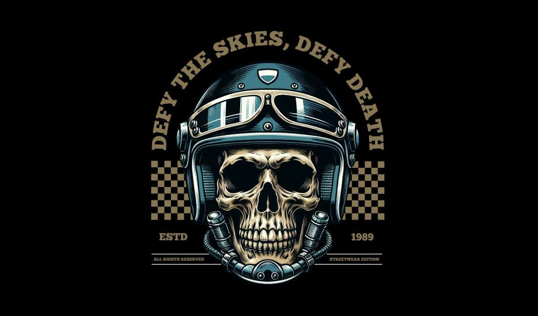 Modelo de design para camiseta Design de caveira e capacete de piloto ousado com citação motivacional