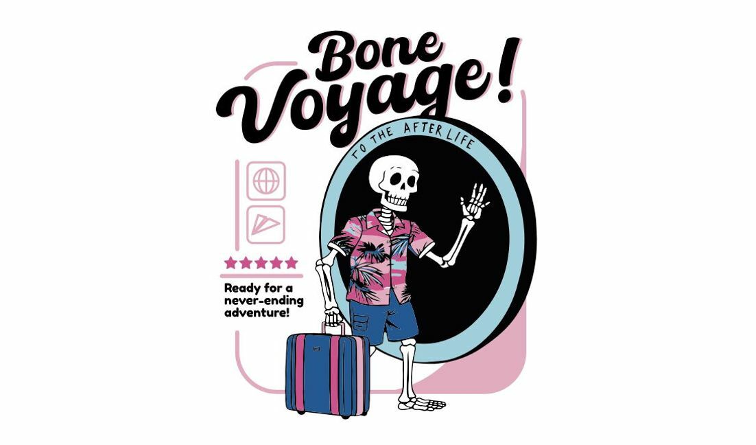 Modelo de design para camiseta Design lúdico de esqueleto para viagens em aventuras após a morte