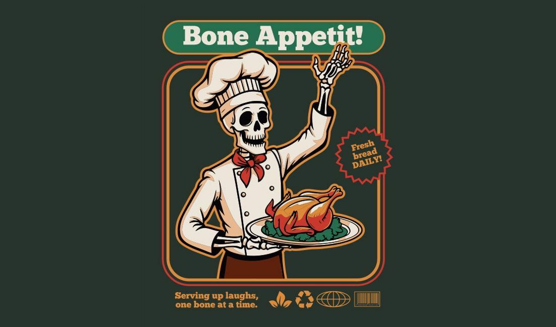 Whimsical skeleton chef design for food lovers t-shirt design template