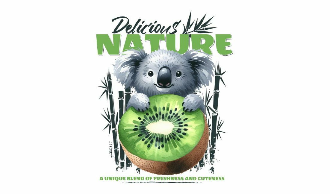 Whimsical koala holding kiwi illustration t-shirt design template