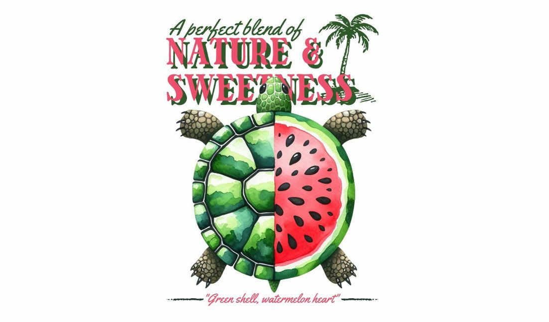 Modelo de design para camiseta Design lúdico de tartaruga e melancia