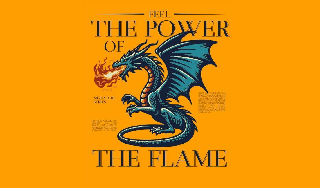 Modelo de design para camiseta Ilustração dinâmica de dragão com citação poderosa