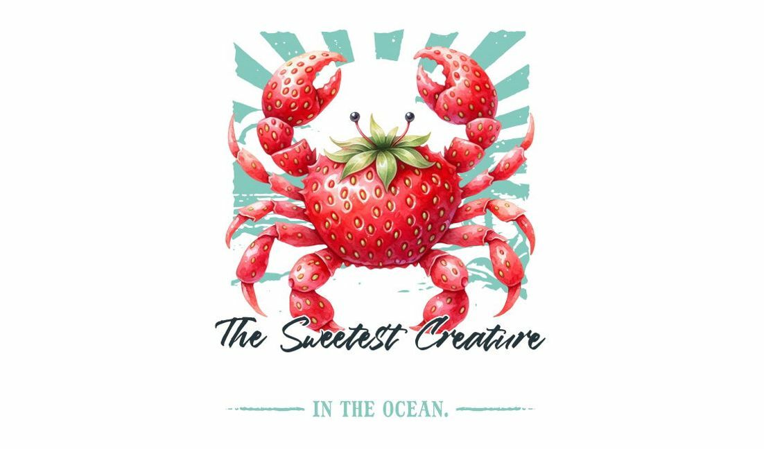 Playful strawberry crab illustration with whimsical text t-shirt design template