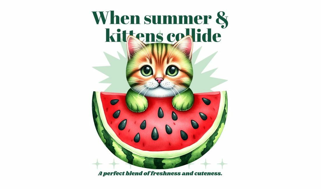 Wunderliche Sommerkätzchen- und Wassermelonenillustration T-Shirt-Designvorlage