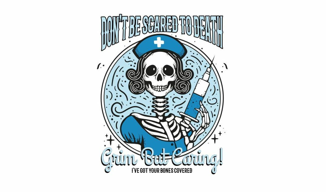 Modelo de design para camiseta Design lúdico de enfermeira esqueleto com citação humorística