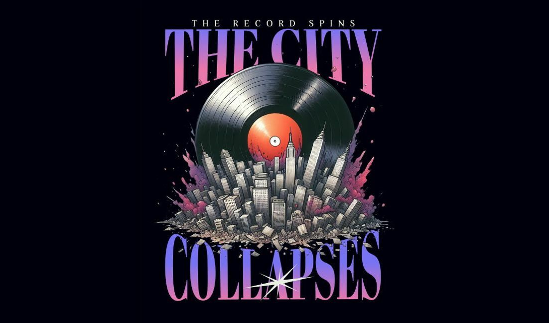 Dynamisches Vinyl-Schallplatten-Design zum Einsturz einer Stadt T-Shirt-Designvorlage